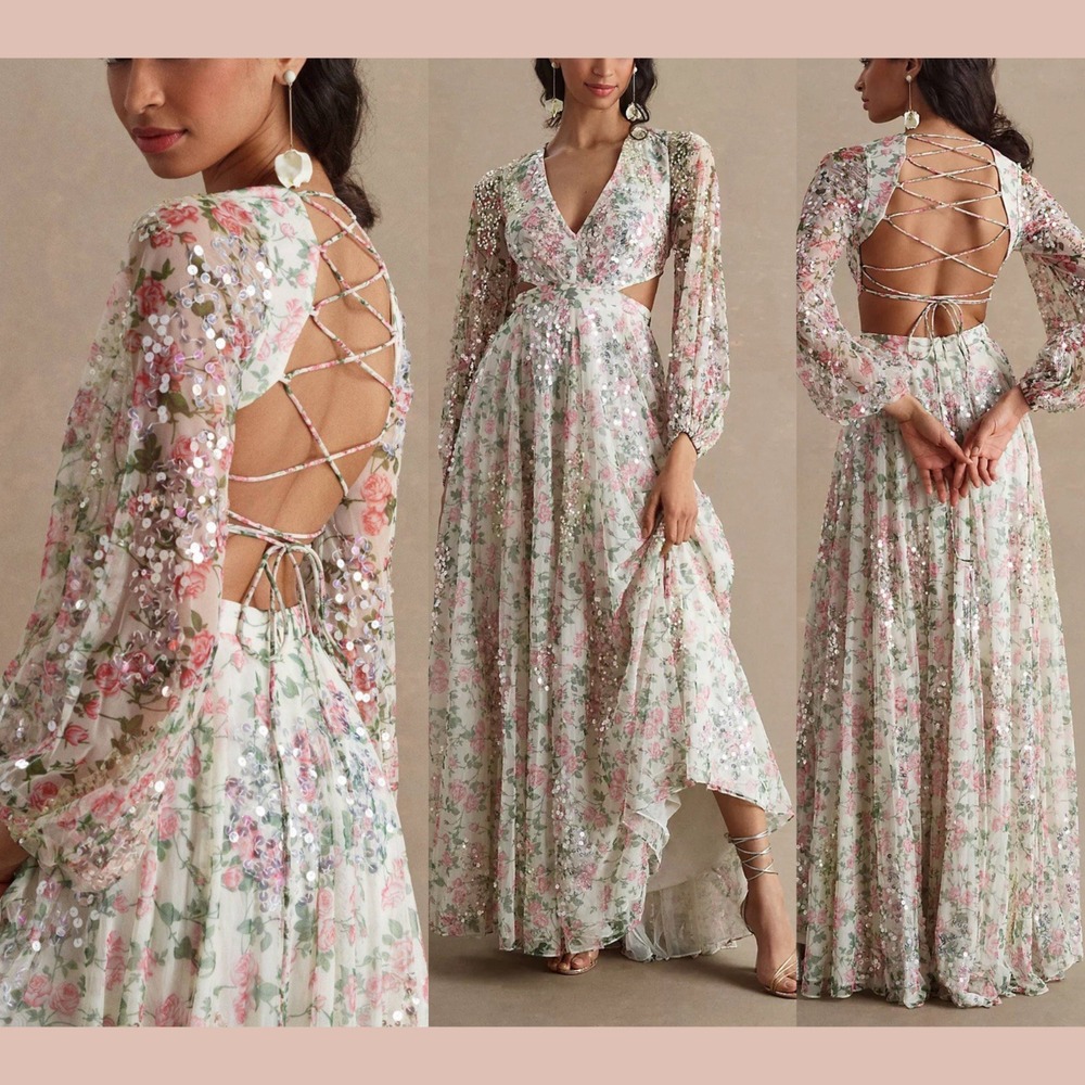 NWT Mac‎ Duggal [ 2 ] 93746 Sequined Floral Print Cut Out Lace Up Gown #Q1218